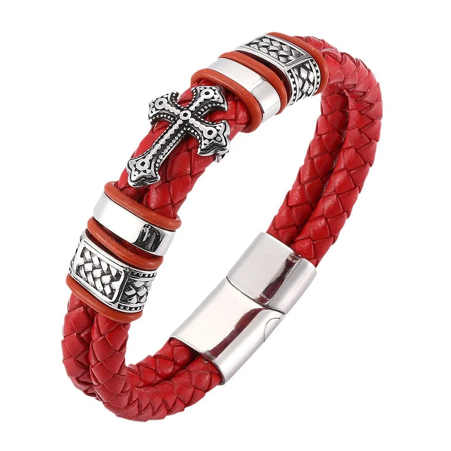 popular leather cross stainless steel bracelet metal accessories genuine leather bracelet men's bracelet jewelry