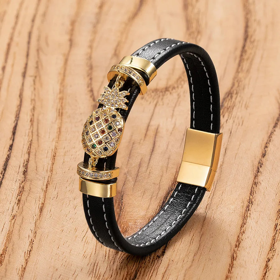 Retro Simple Style Classic Style Pineapple Bee 304 Stainless Steel Leather rope Metal Unisex Bracelets Men Cord & Leather Bracelets