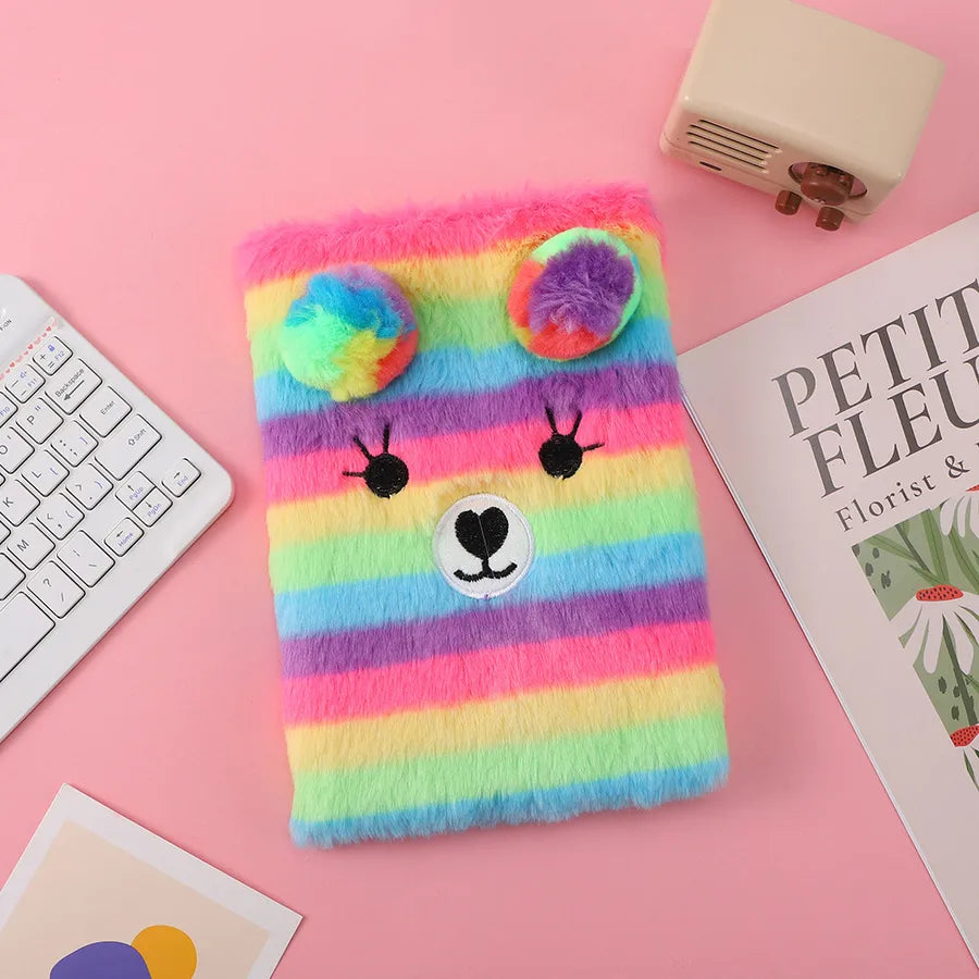 Cute Bear Plush Notebook With Lock Creative Children's Diary Book Colorful Wooden Pulp Material Animal Shaped Stationery