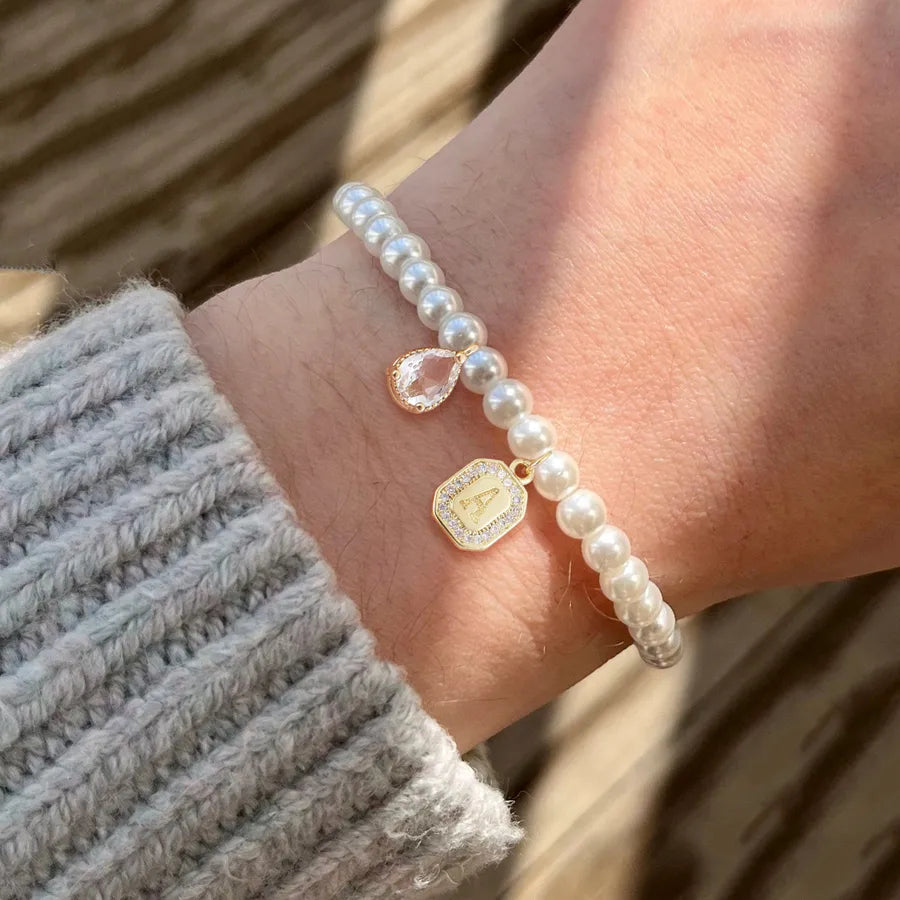 Elegant Vintage Style Classic Style Letter Water Droplets Rectangle Artificial Crystal Artificial Pearl Copper Beaded Chain Beaded Bracelets Wholesale