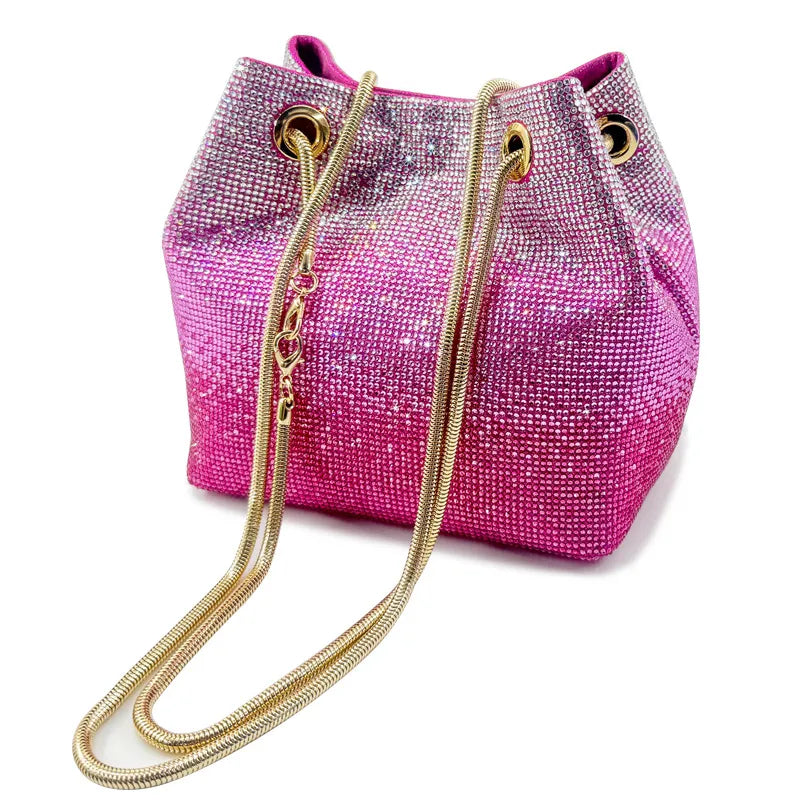 Green Pink Pu Leather Gradient Color Rhinestone Bucket Evening Bags