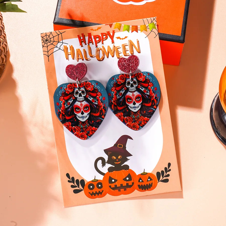 Creative Acrylic Skeleton Head Earrings Set For Women Halloween Theme Personalized Fashion Jewelry Love Shape Card Included