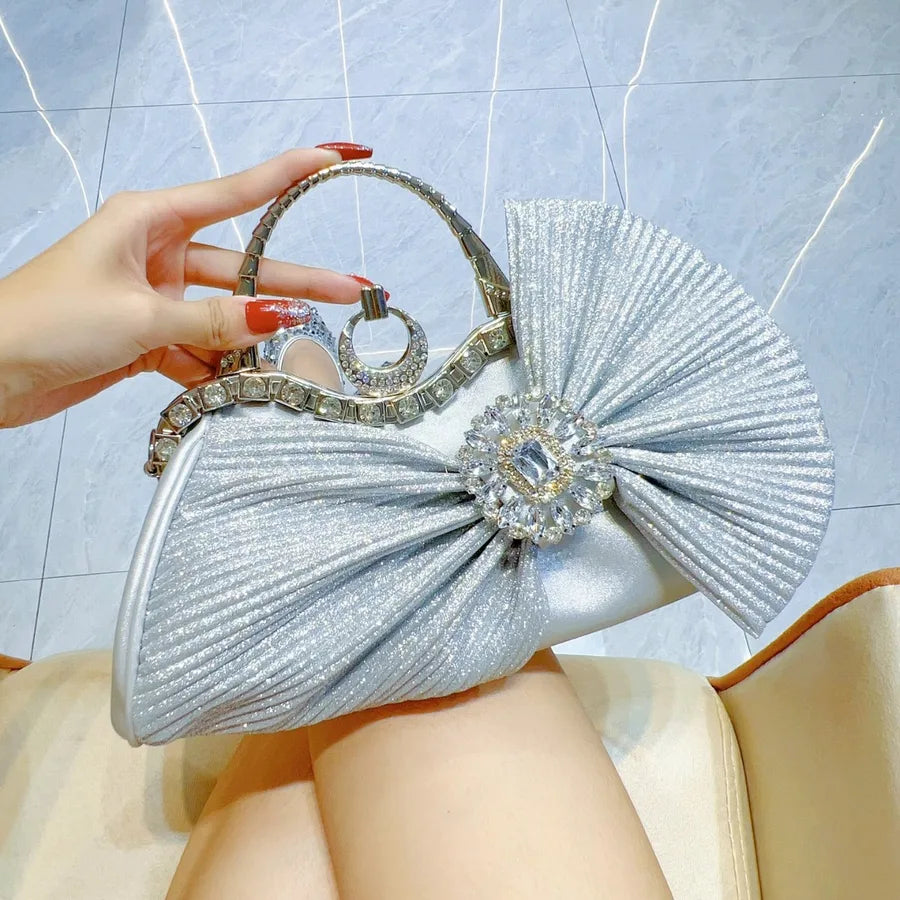 Pink Black Gold Pu Leather Bow Knot Ruched Bag Pillow Shape Evening Bags