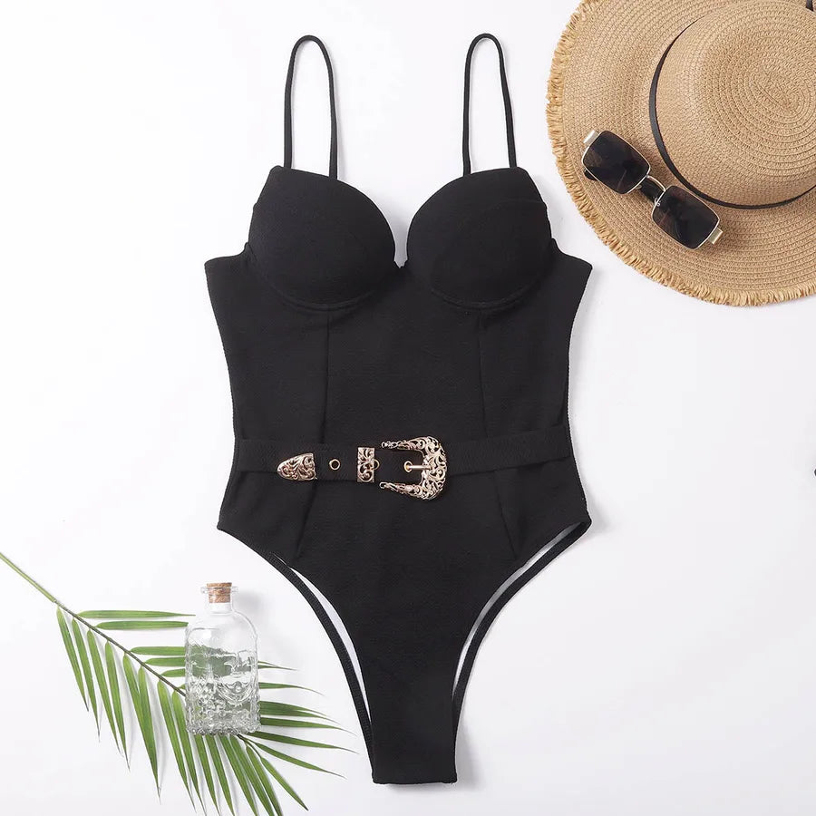 Women's Sexy Solid Color Belt 1 Piece One Piece Swimwear