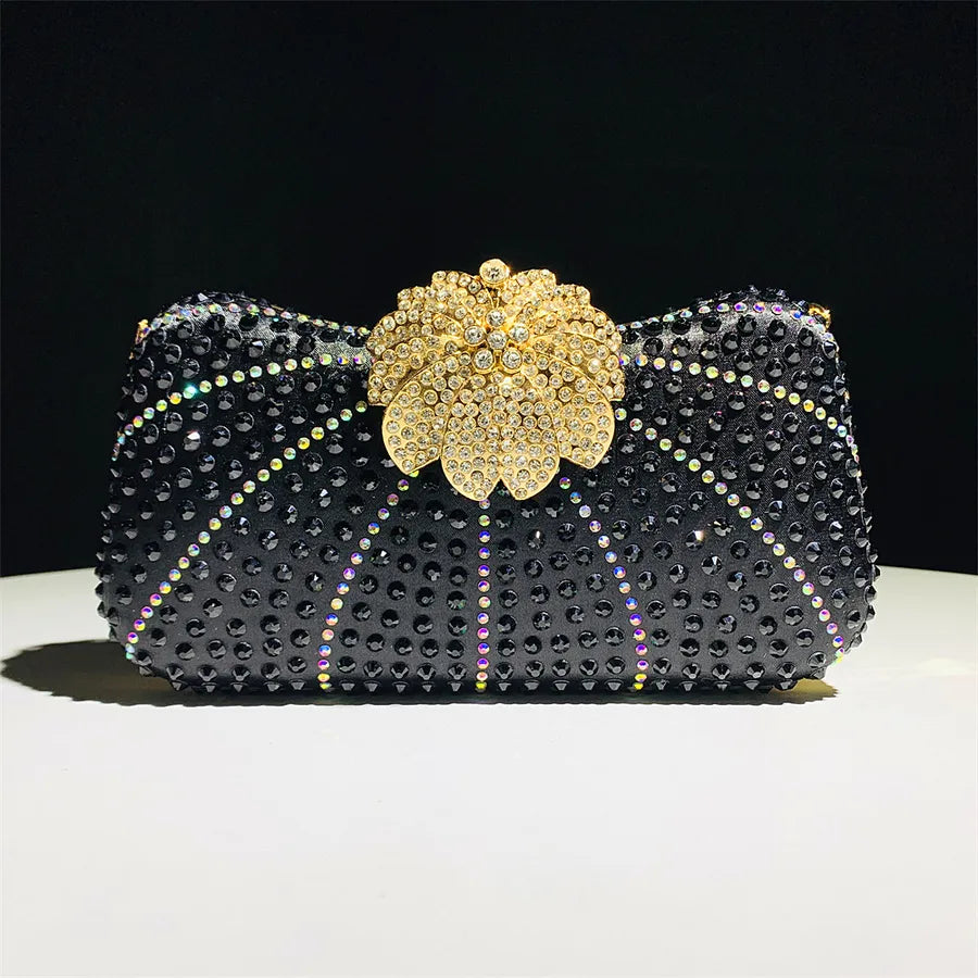 Gold Silver Black Polyester Flower Shell Evening Bags