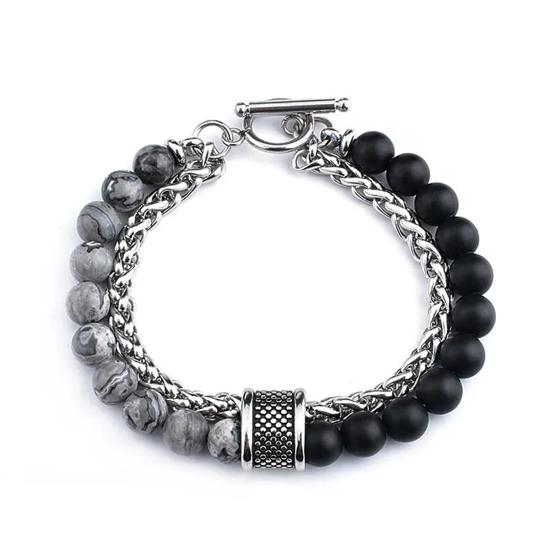casual simple style round stainless steel stone beaded chain men's bracelets