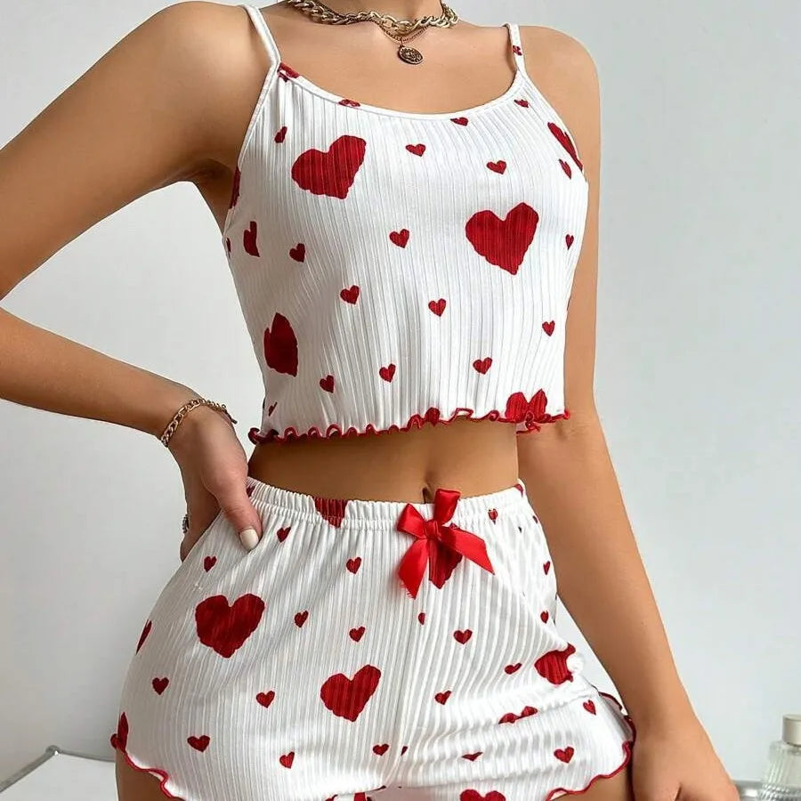 Home Sleeping Women's Sweet Heart Shape Bow Knot Rib Fabrics Shorts Sets Pajama Sets