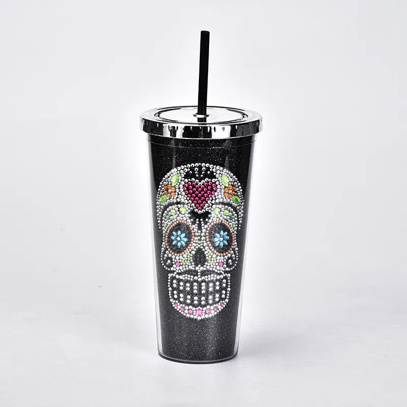 new double-layer plastic straw cup creative halloween skull head large capacity drink cup