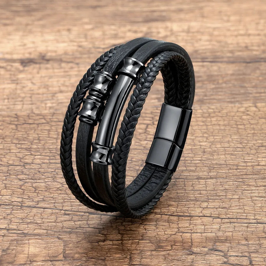 Retro Men's Simplicity Stainless Steel Buckle Leather Cord Bracelet  Fashion Personality Multi-Layer Leather Ornament Bracelet