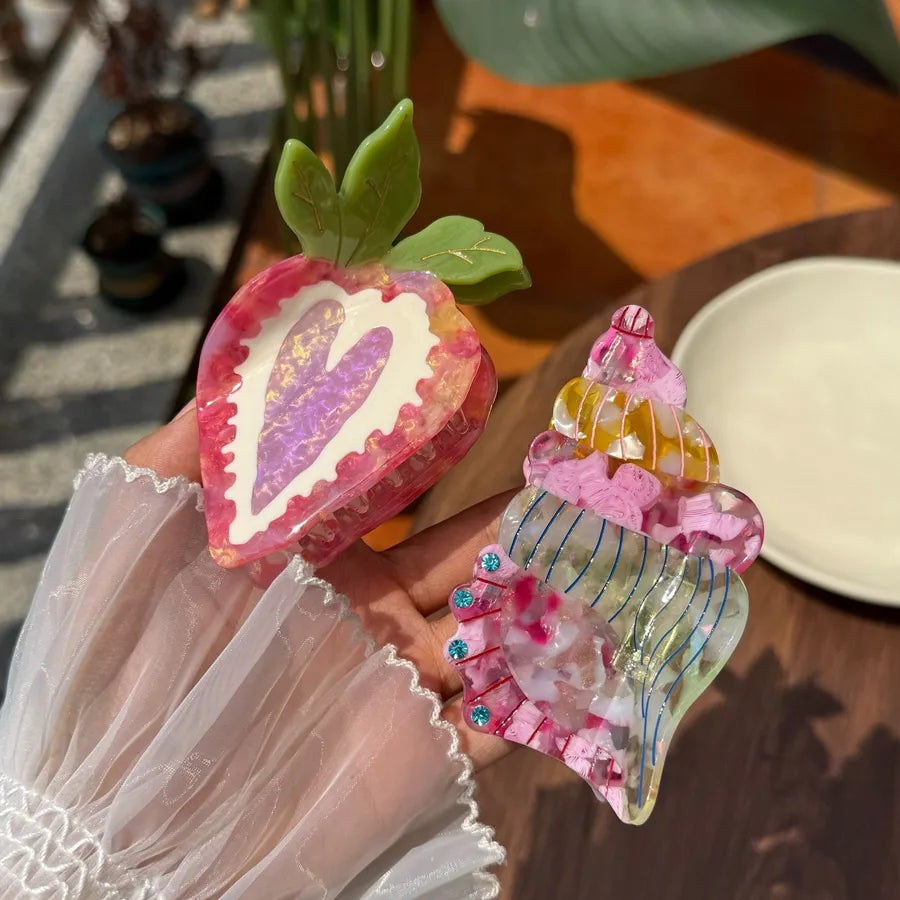 New Strawberry Heart Acetate Hairpin Conch Dot Diamond Elegant Hairpin Sweet and Cute Hairpin Girl Heart Hairpin