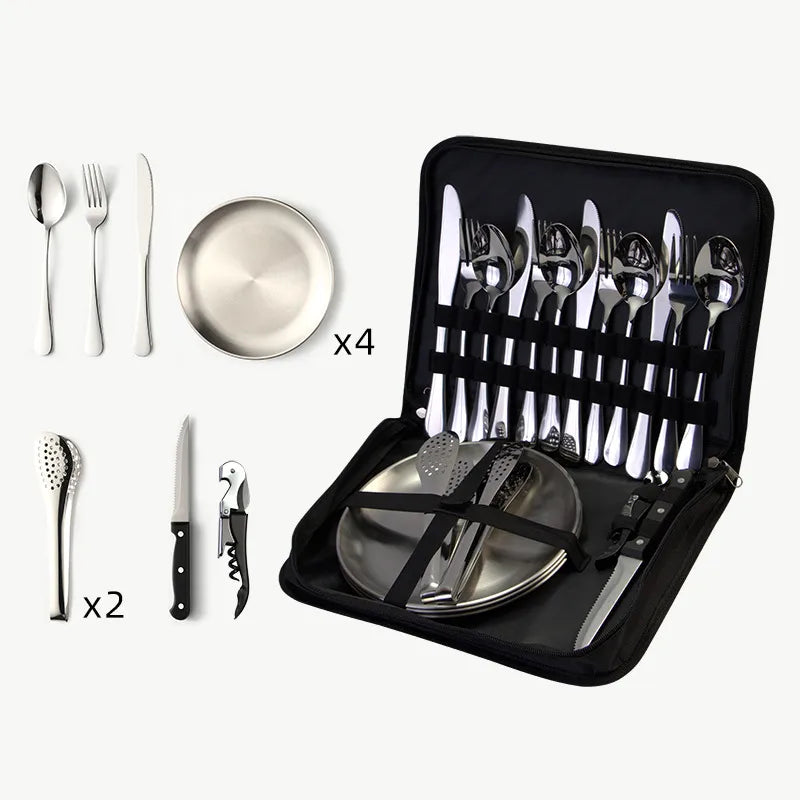 Outdoor travel stainless steel tableware camping picnic barbecue plate clip steak knife, fork and spoon suit portable storage bag