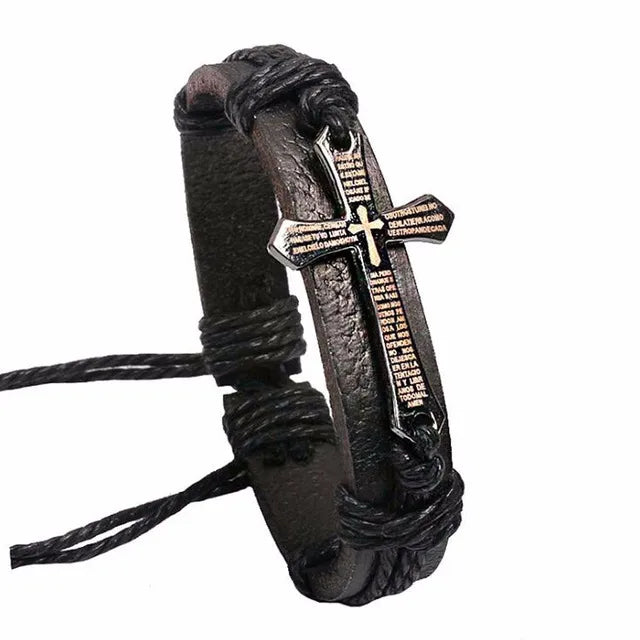 punk cross pu leather rope men's bracelets