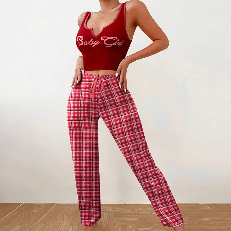 BabyGirl   homewear vest color matching plaid trousers letter printed top women's pajamas