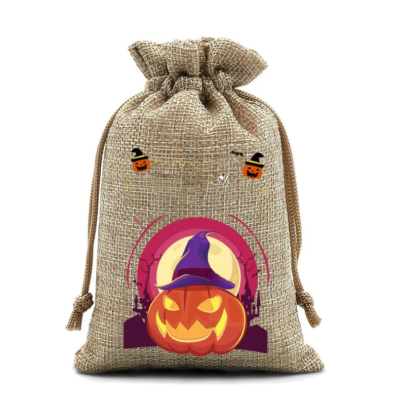 2025 New Halloween Linen Drawstring Gift Bag Pumpkin Shaped Sealed Mouth Bag Cartoon Style Heat Transfer Process Ladies Handbag