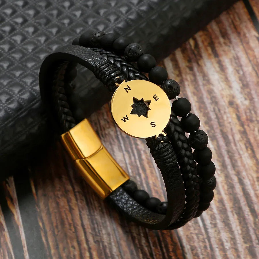 Casual Simple Style Compass Stainless Steel Pu Leather Men's Bangle