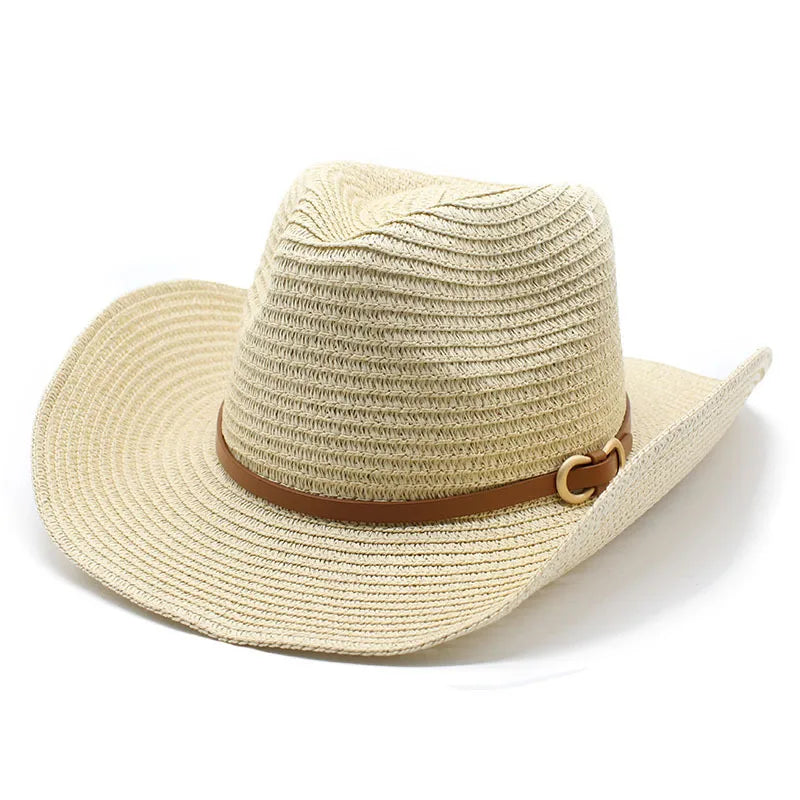 women's cowboy style solid color flat eaves straw hat