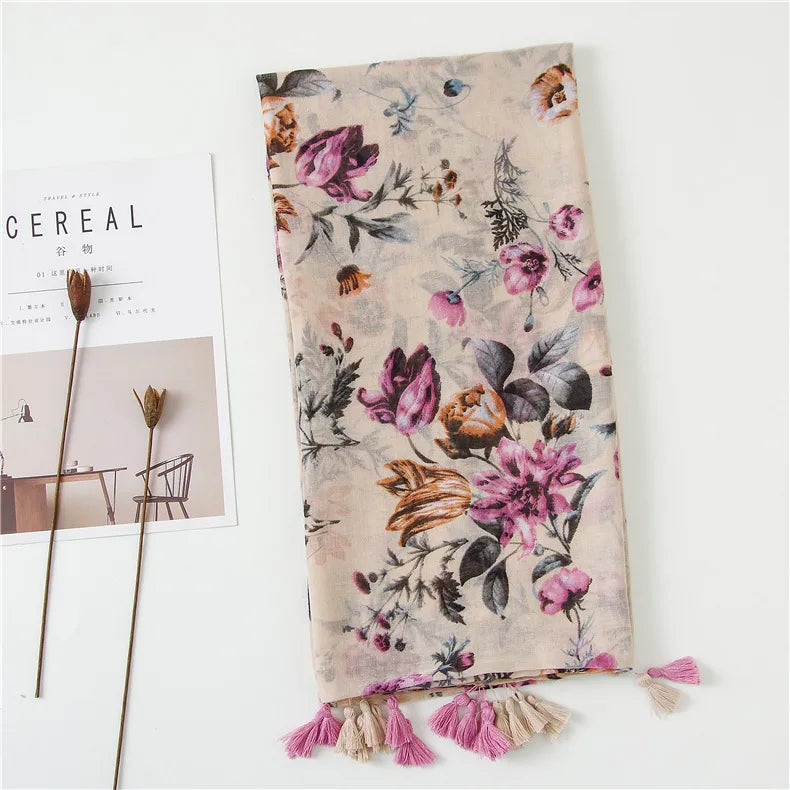 pink elegant floral print silk scarf fringed cotton and linen scarf