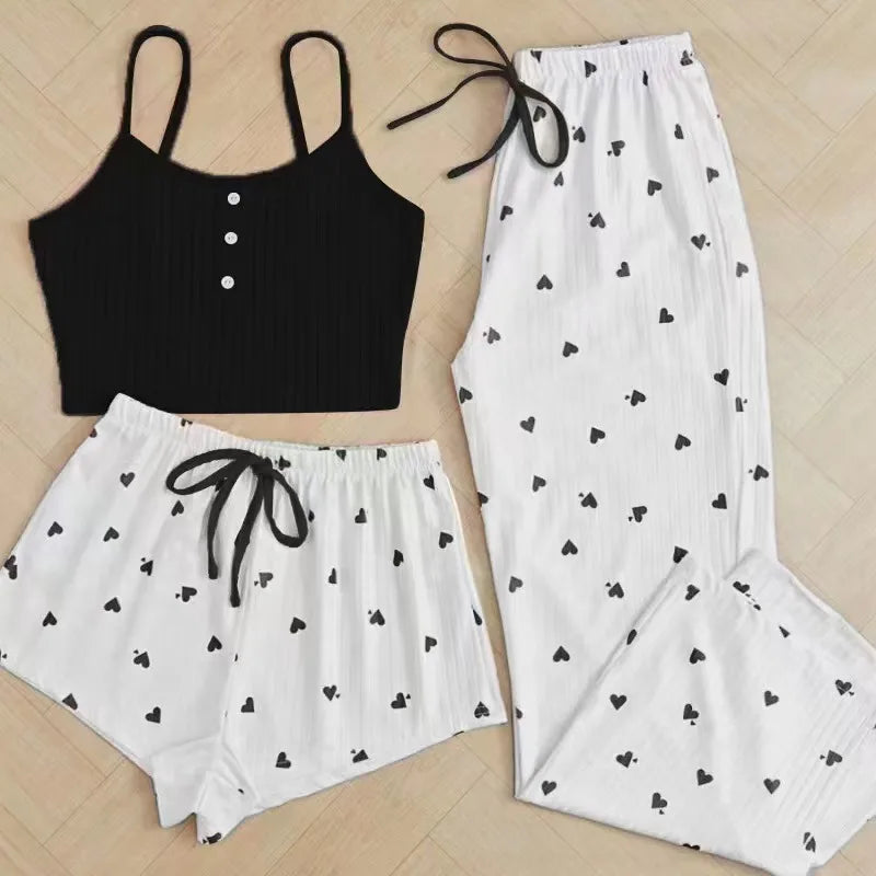 Popular Sexy Ribbed Home Wear Women's Pajamas Waist-Cinching Heart Print 3-Piece Set
