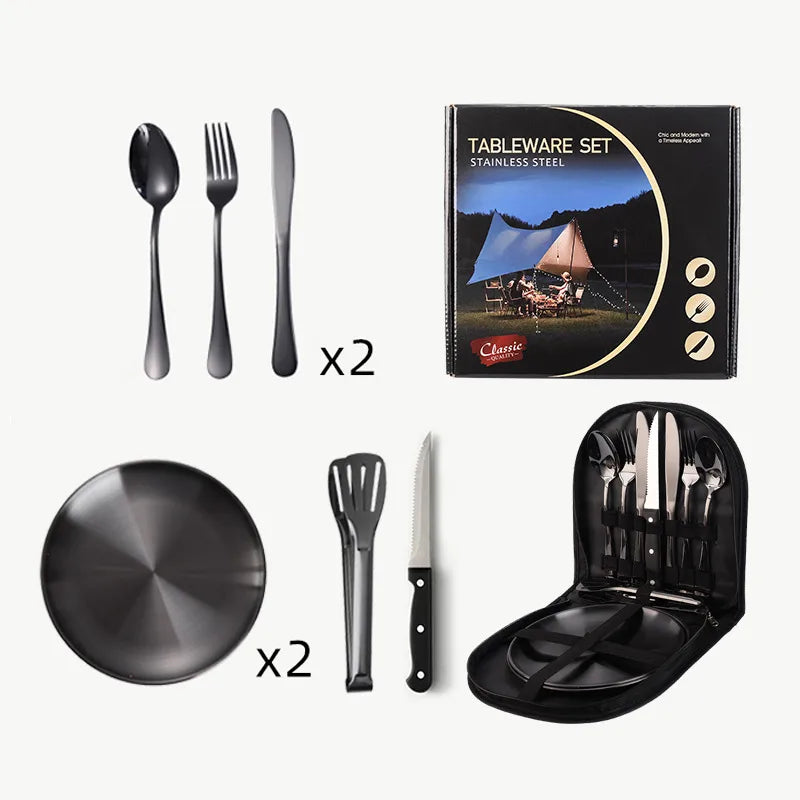 Outdoor travel stainless steel tableware camping picnic barbecue plate clip steak knife, fork and spoon suit portable storage bag