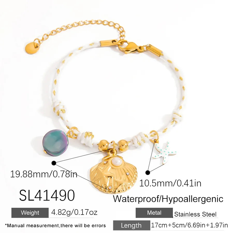 Elegant Business Coconut Tree Starfish Shell 304 Stainless Steel 18K Gold Plated Cord String Bracelets In Bulk