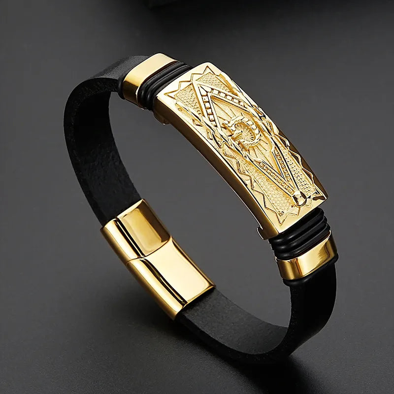 Hip-Hop Retro Color Block Stainless Steel Pu Leather Plating 18K Gold Plated Men's Bangle