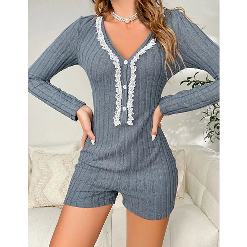 Women's Lace Trim Jumpsuit Nightgown Comfortable Slimming Home Clothes V-neck Long Sleeve Short Pants Spring Autumn New Style