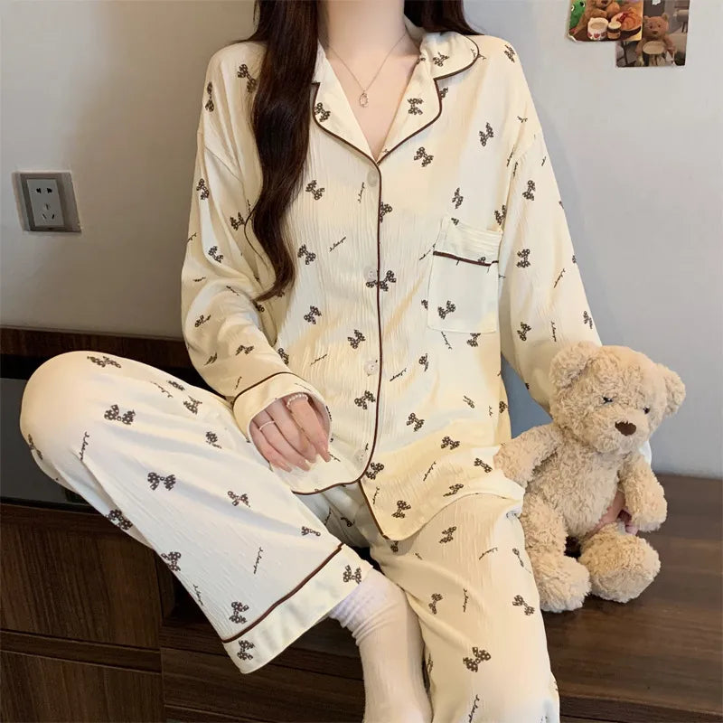 Spring Edition Pleated Fabric Sleepwear Long Sleeve Home Clothes Set For Women Sweet Cute Style Casual Breathable Polyester Milk Silk