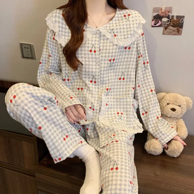 Sweet Cherry Cloud Cotton Long Sleeve Spring Home Clothes Set For Girls Comfortable Breathable Sleepwear Casual Style