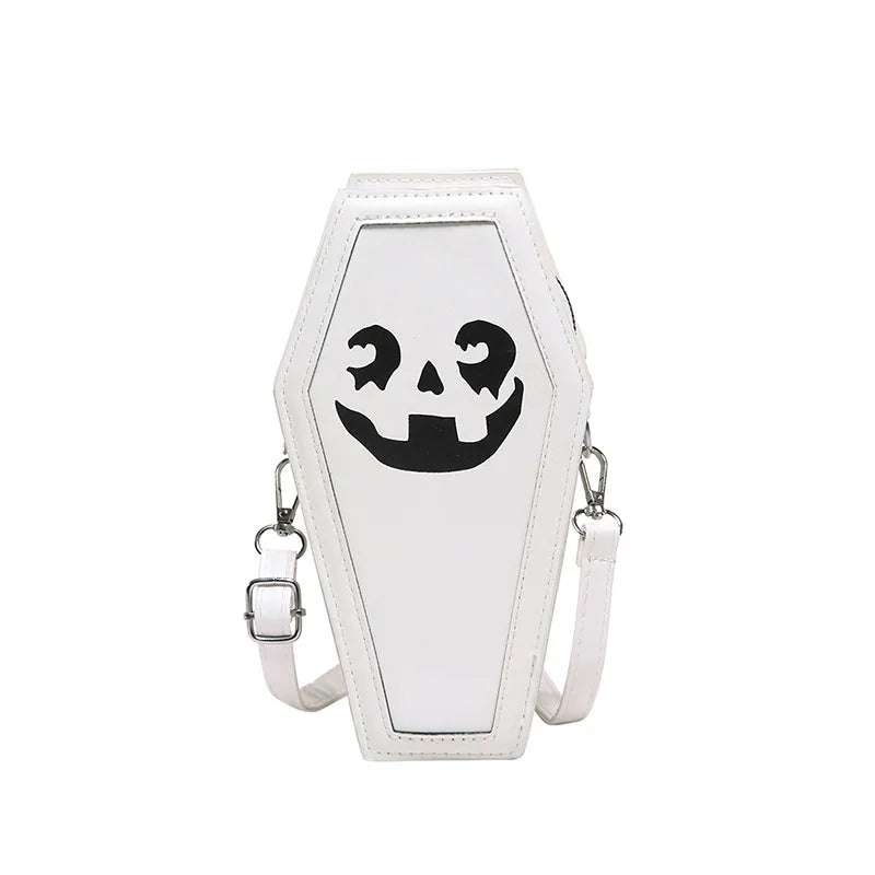 Creative Ghost Print Halloween Women's Bag Single Shoulder Casket Shape Fashionable Pumpkin Patterned Square PU Handbag