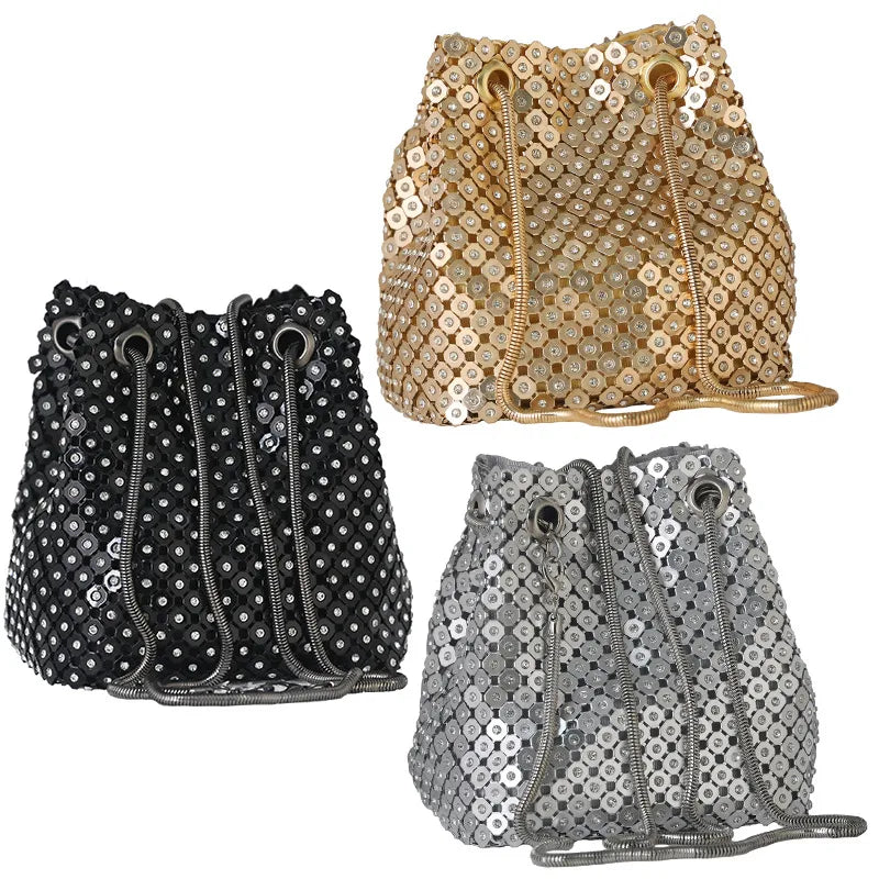 Black Gold Silver Diamond Solid Color Bucket Evening Bags