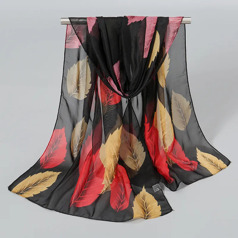 women's sweet color block chiffon printing silk scarf