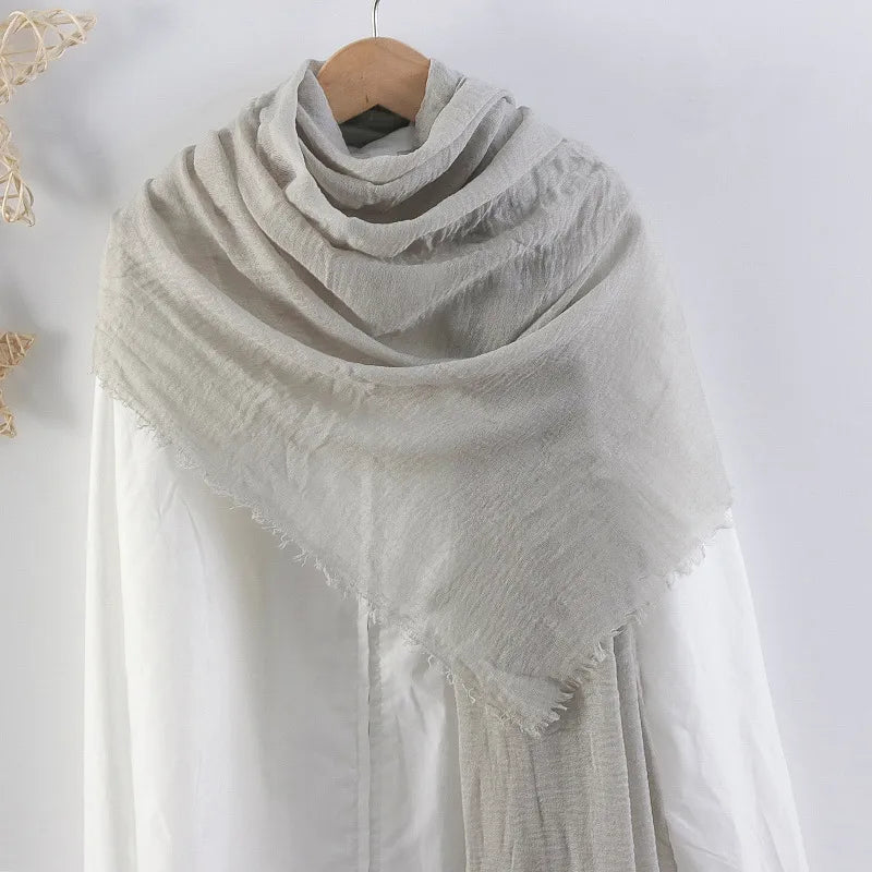 Hot selling solid color pleated cotton and linen scarf  women's bag headscarf crumpled hair fringe bubble scarf women's scarf cover head