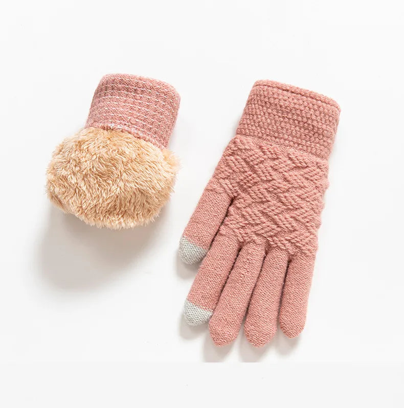 Thickened Double Layer Knitted Polar Fleece Touchscreen Gloves Men Women Outdoor Warm Windproof Winter Gloves Basic Style