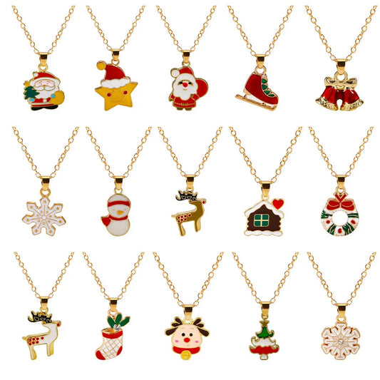 Christmas Themed Alloy Pendant Necklace With Bell Snowflake Design Geometric Pattern For Men And Women Christmas Tree Santa Claus Deer Stick