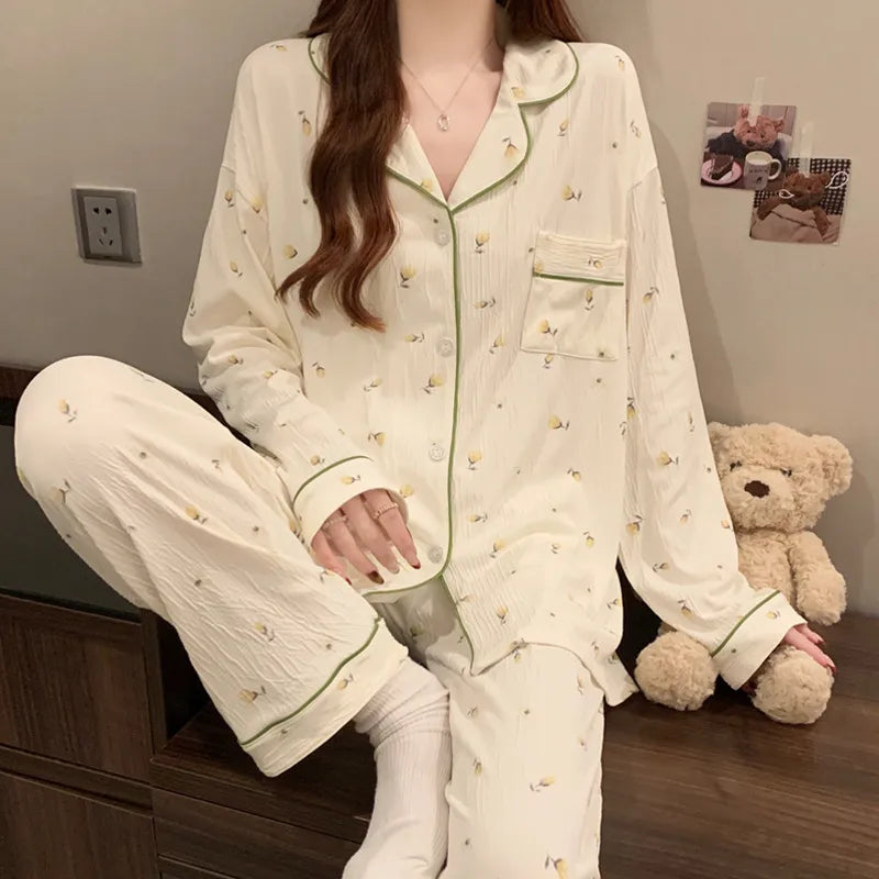 Spring Edition Pleated Fabric Sleepwear Long Sleeve Home Clothes Set For Women Sweet Cute Style Casual Breathable Polyester Milk Silk