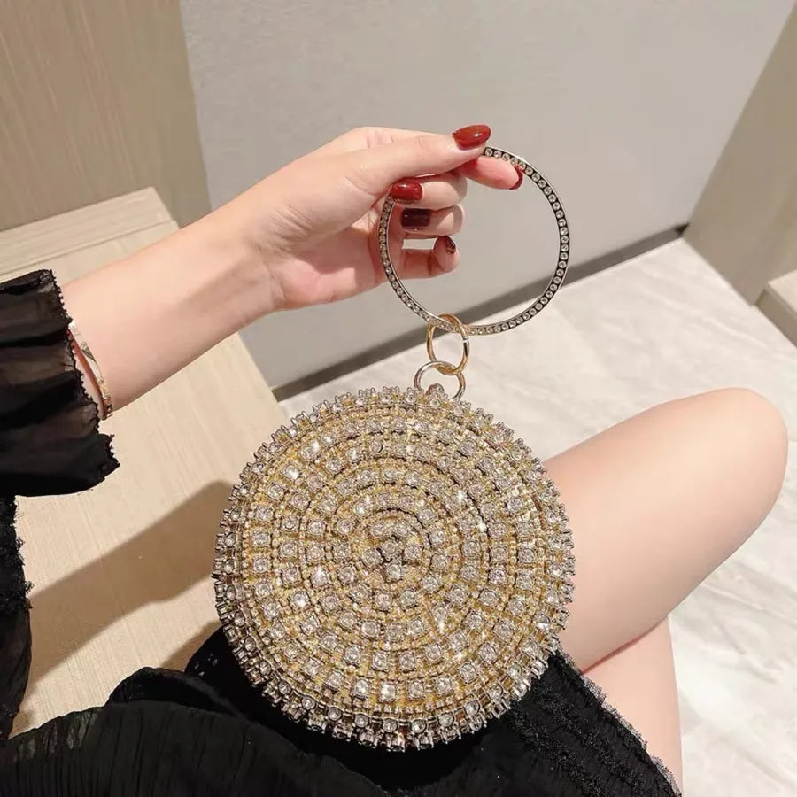 black gold silver polyester solid color rhinestone round evening bags