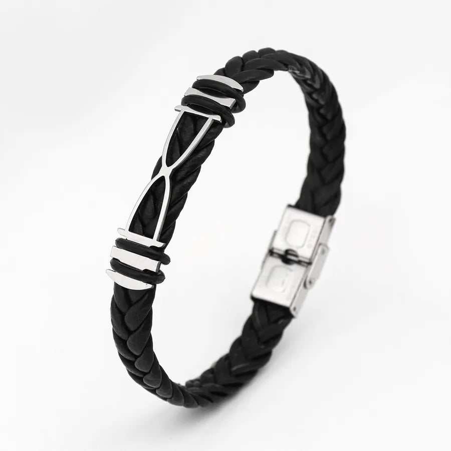 Retro Punk Solid Color 304 Stainless Steel Pu Leather Plating Men's Bangle Men Cord & Leather Bracelets