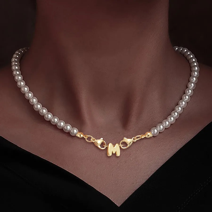 304 Stainless Steel Artificial Pearl Beaded Chain Letter Pendant Necklace