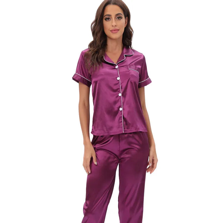 Middle East Europe Women's Home Clothes Two-Piece Set Color Silk Set Sleepwear Casual Luxury Summer Polyester Fabric