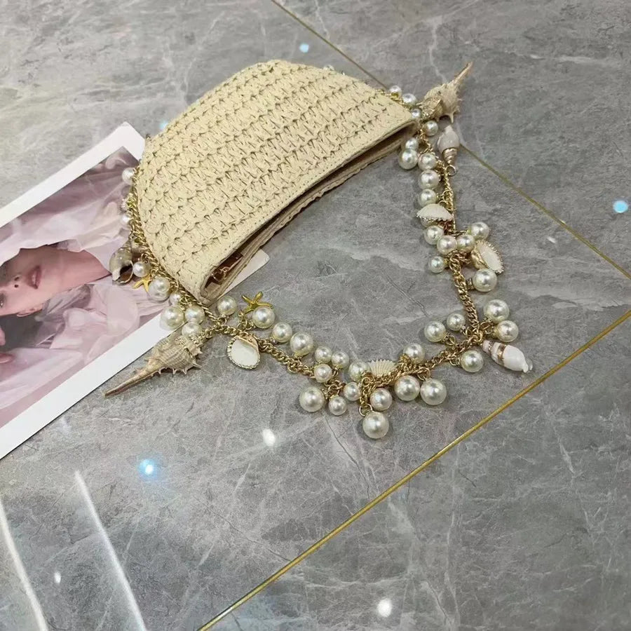 Women's Straw Starfish Pearl Shell Streetwear Weave Semicircle Zipper Straw Bag
