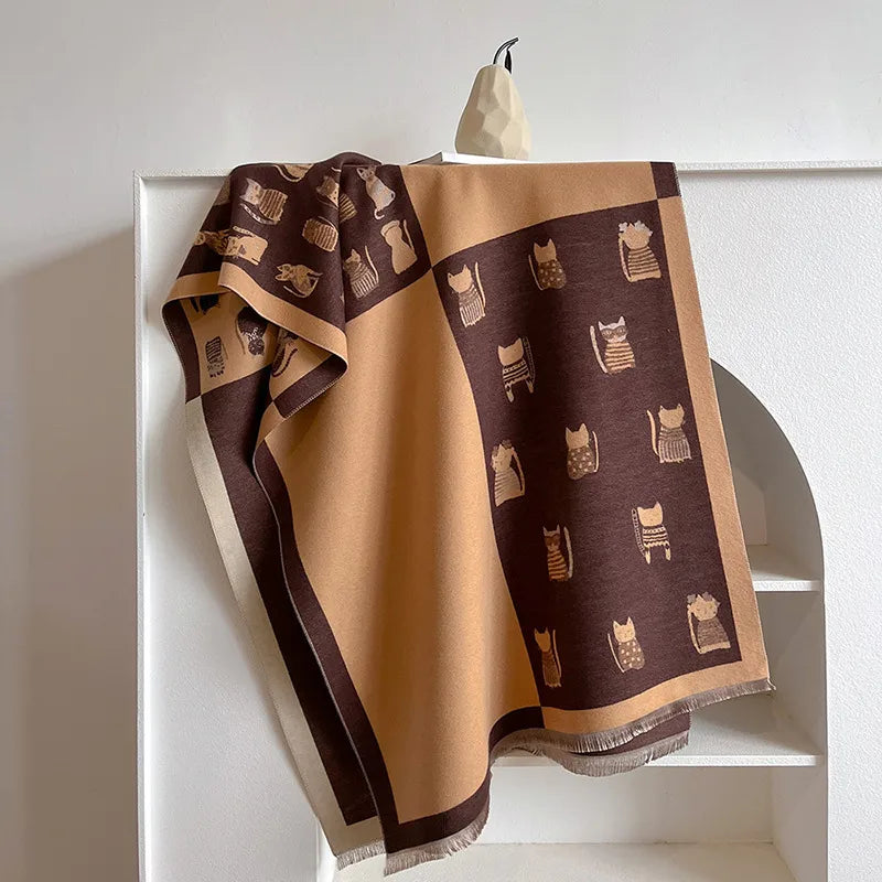 Women's Cartoon Style Cute Plaid Cat Imitation cashmere Scarf