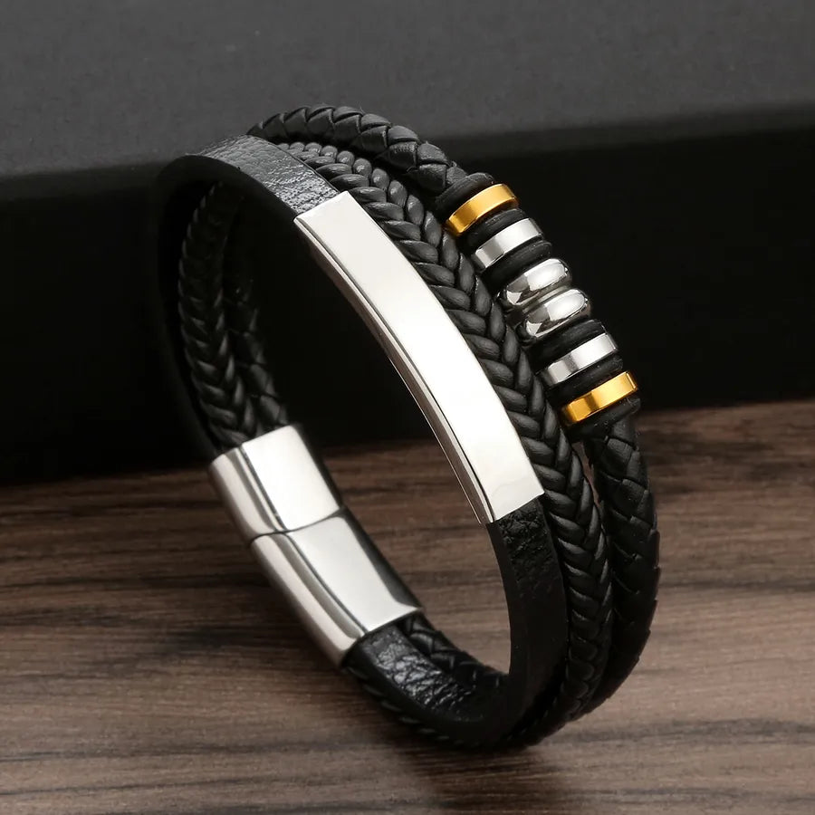 punk streetwear geometric stainless steel pu leather men's bangle