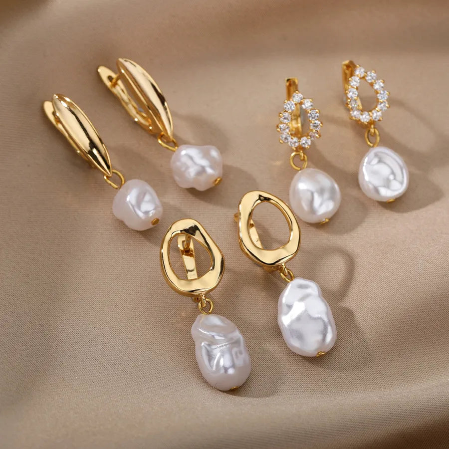 1 pair elegant geometric plating inlay freshwater pearl copper zircon drop earrings