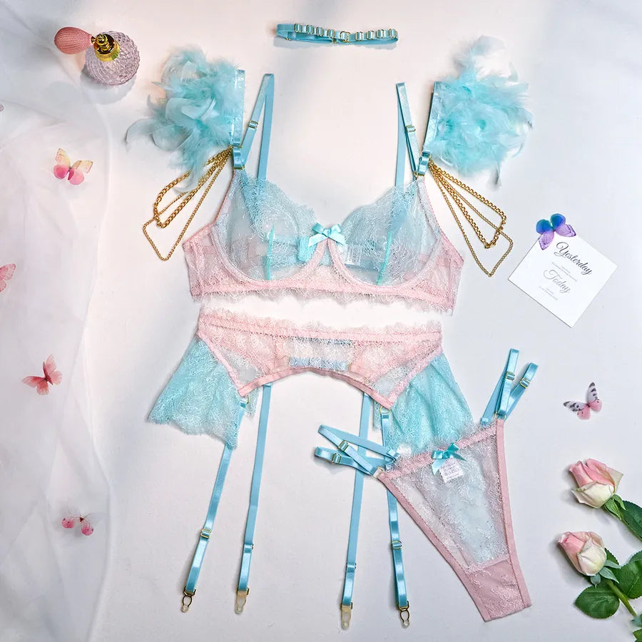 hot sexy underwear feather stitching color sexy metal chain four-piece set in stock