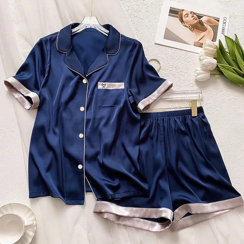 Home Women's Casual Embroidery Heart Shape Satin Shorts Sets Pajama Sets