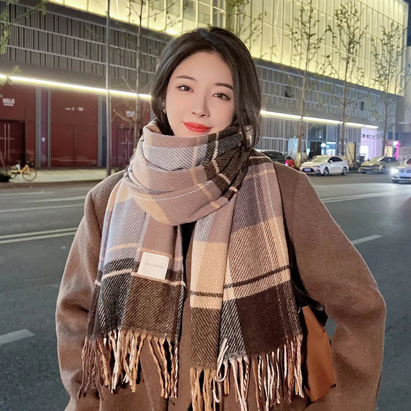 women's fashion plaid imitation cashmere tassel winter scarves