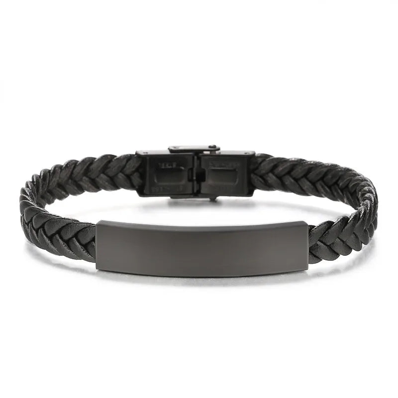 Retro Solid Color 304 Stainless Steel Pu Leather Men's Bracelets Men Cord & Leather Bracelets