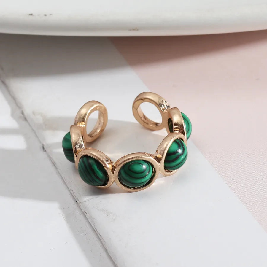 1 piece retro round alloy inlay natural stone resin pearl women's open ring