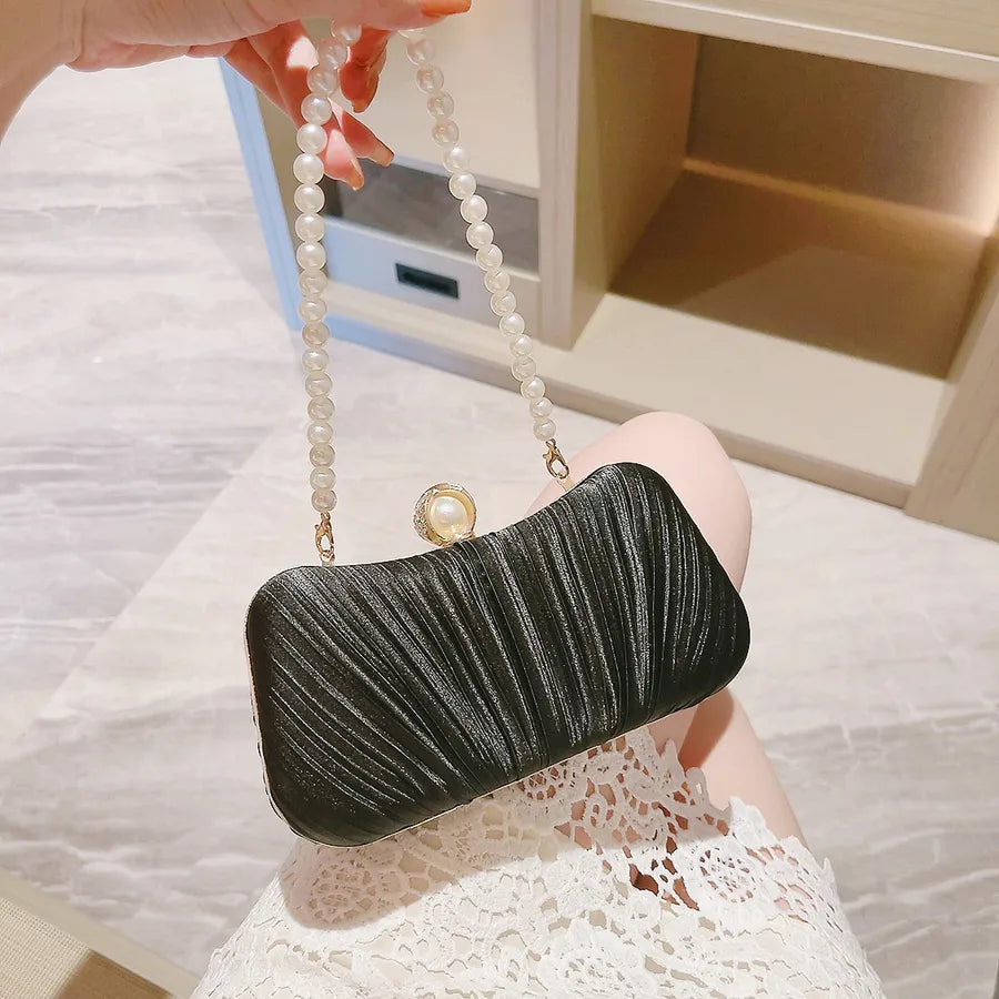 Women's Silk Solid Color Classic Style Streetwear Rhinestone Pearls Square Lock clasp Crossbody Bag