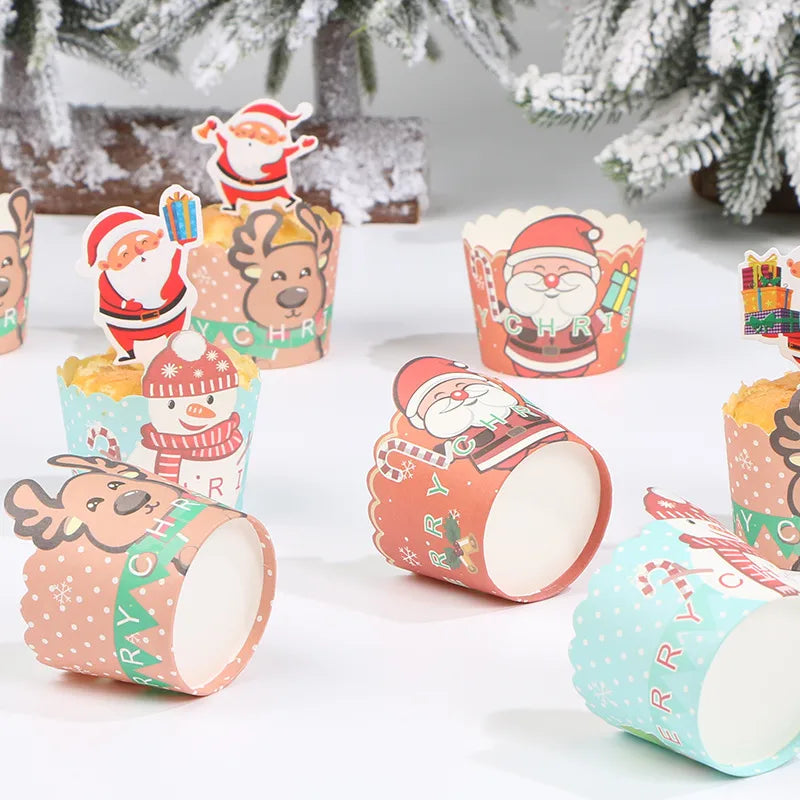 Christmas Theme Cake Cup Maker Thickened Muffin Cup Deer Round Cake Cup Heat Resistant Durable Cup 50 Pieces Baking Packaging
